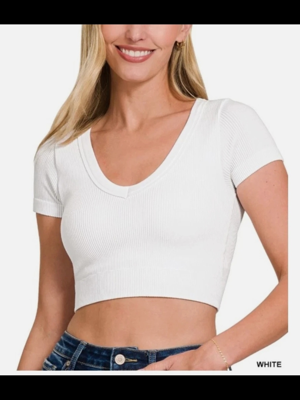Zenana White Ribbed V-Neck Crop Top Short Sleeve Seamless NT-6356A Womens-S/M